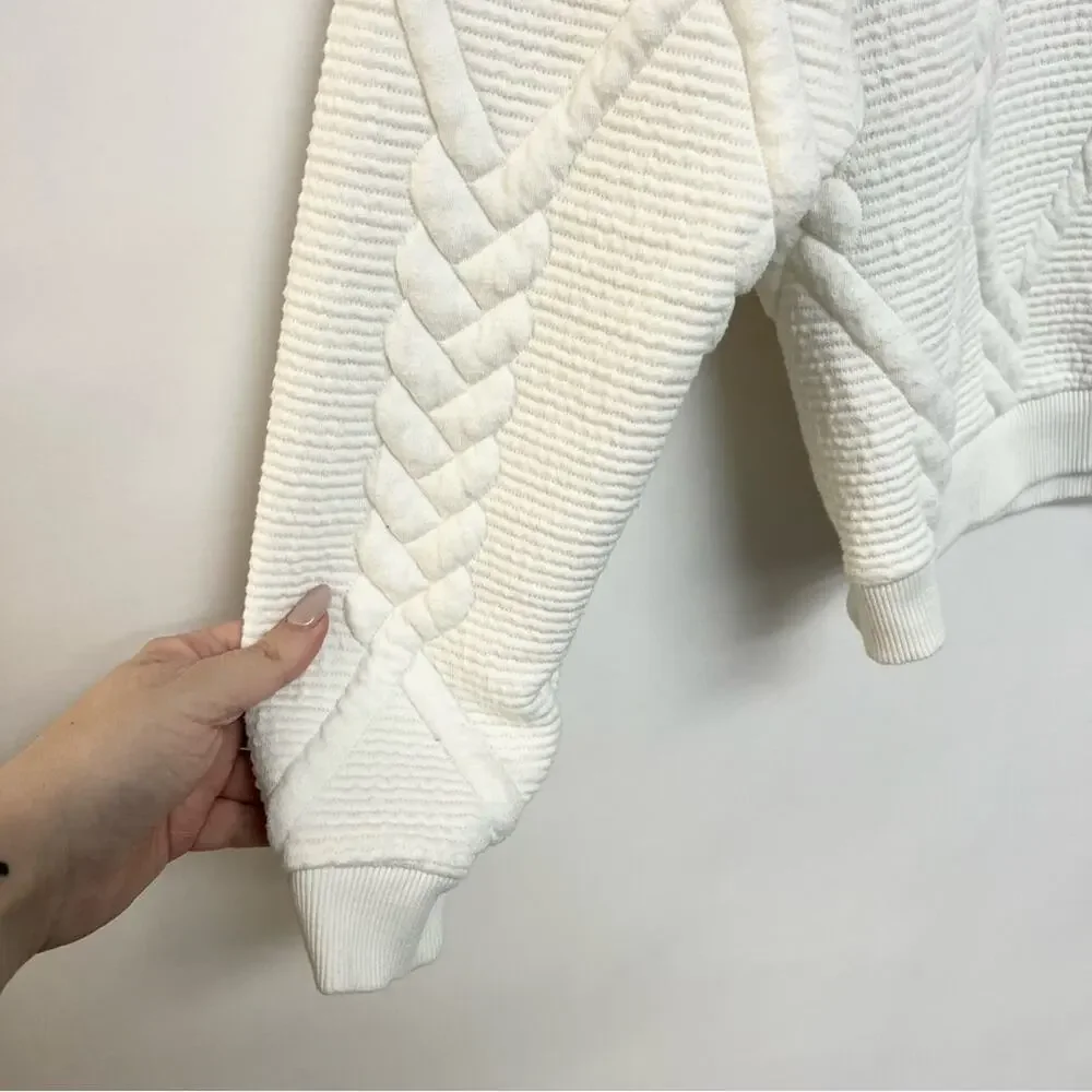 Zara White Quilted Pullover Sweatshirt Sweater Ribbed Knit Crewneck Small